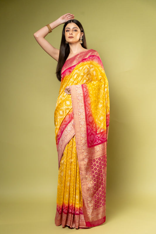 Mustard Rani Khaddi Georgette Saree With Unstitched Blouse