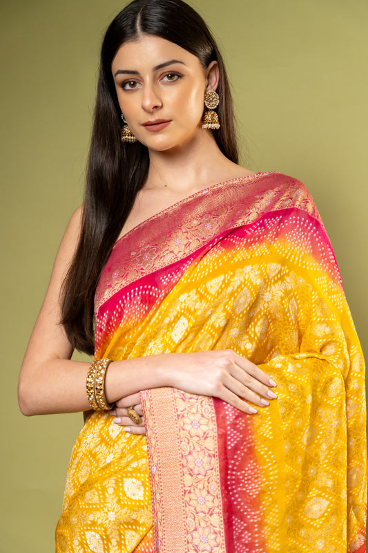Mustard Rani Khaddi Georgette Saree With Unstitched Blouse