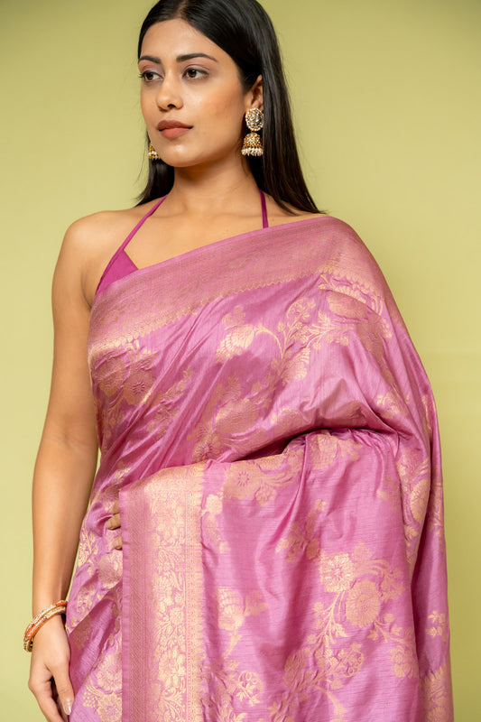 Mauve Banarasi Silk Saree With Unstitched Blouse