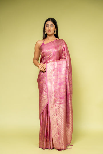 Mauve Banarasi Silk Saree With Unstitched Blouse