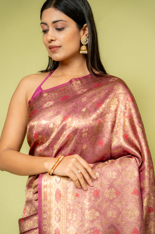 Mauve Banarasi Silk Saree With Unstitched Blouse