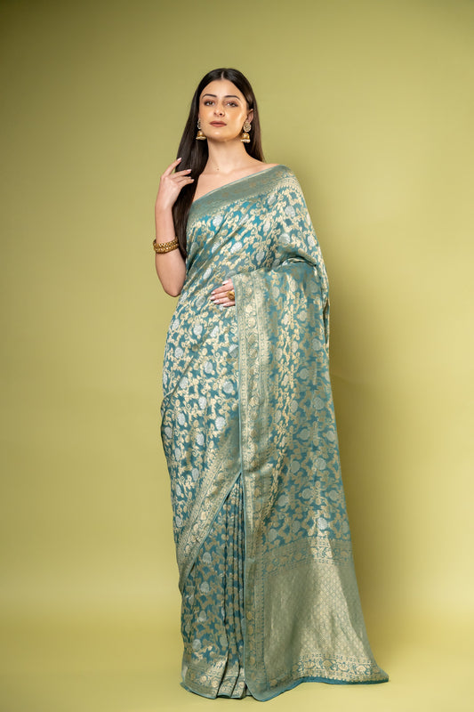 Mint Green Khaddi Georgette Saree With Unstitched Blouse