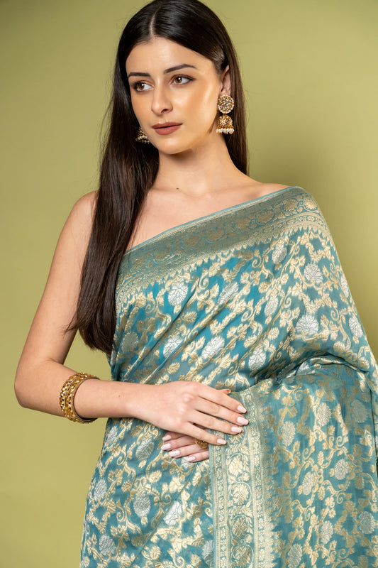 Mint Green Khaddi Georgette Saree With Unstitched Blouse