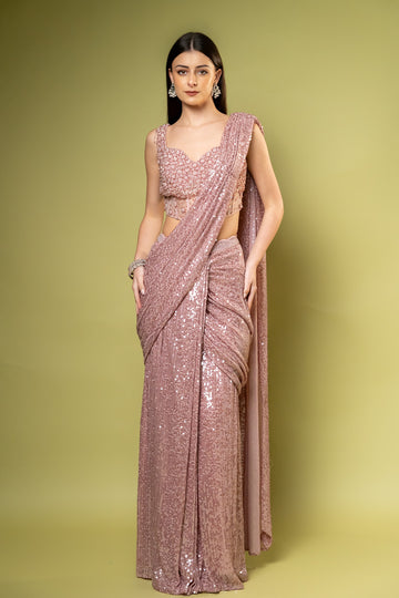 Pink Net Pre-Draped Designer Saree With Readymade Blouse