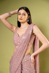 Pink Net Pre-Draped Designer Saree With Readymade Blouse