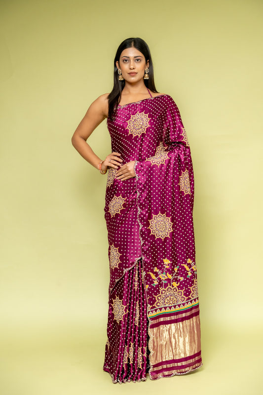 Garnet Organza Embroidered Saree With Unstitched Blouse