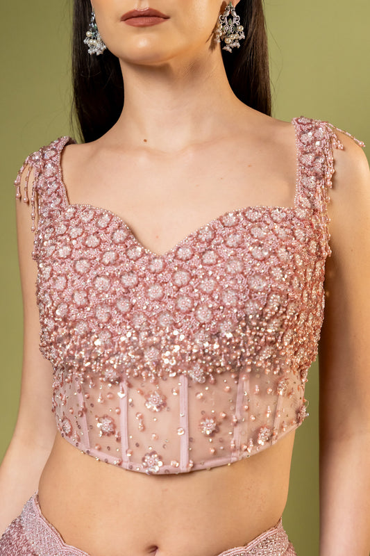 Pink Net Pre-Draped Designer Saree With Readymade Blouse