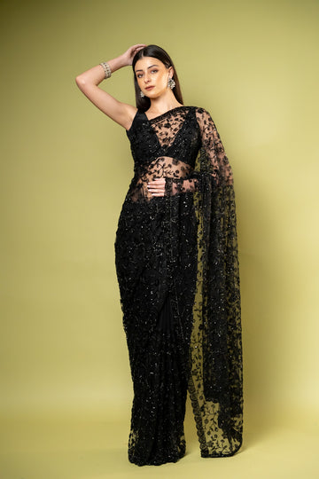 Black Net Saree With Unstitched Blouse