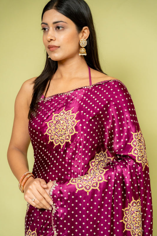 Garnet Organza Embroidered Saree With Unstitched Blouse