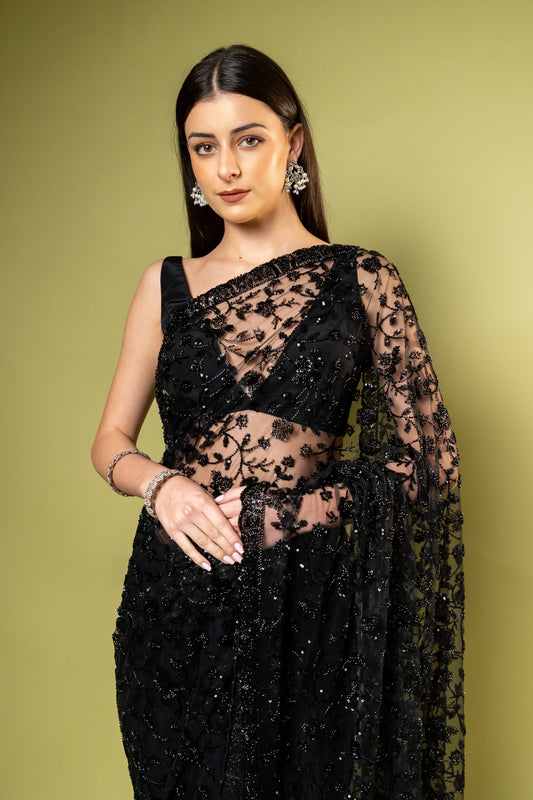 Black Net Saree With Unstitched Blouse