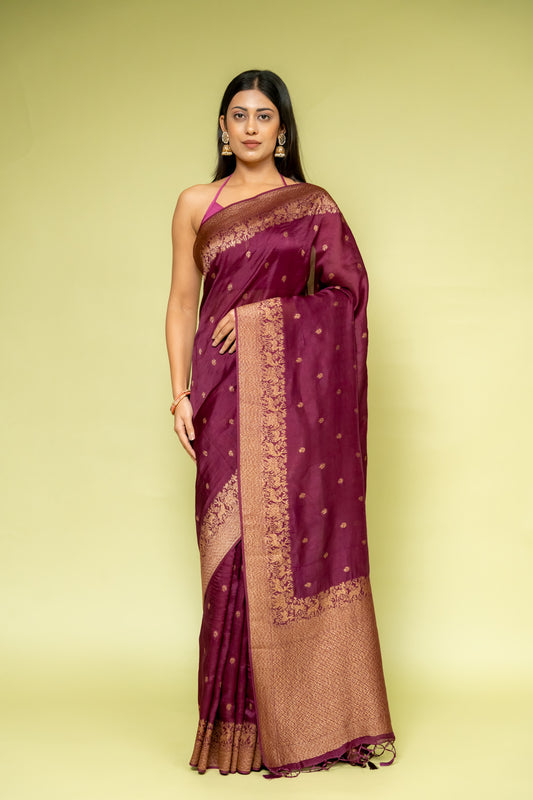 Garnet Banarasi Silk Saree With Unstitched Blouse