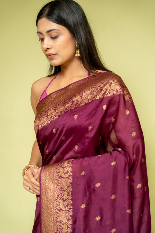 Garnet Banarasi Silk Saree With Unstitched Blouse