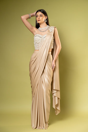 Tussar Shimmer Pre-Draped Saree With Stitched Blouse
