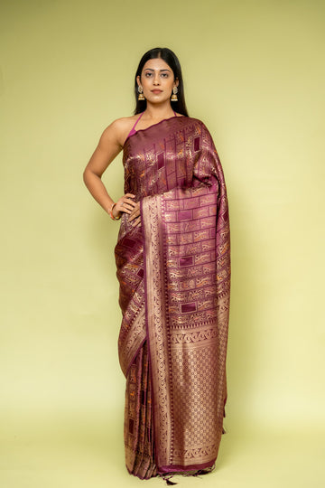 Garnet Banarasi Silk Saree With Unstitched Blouse