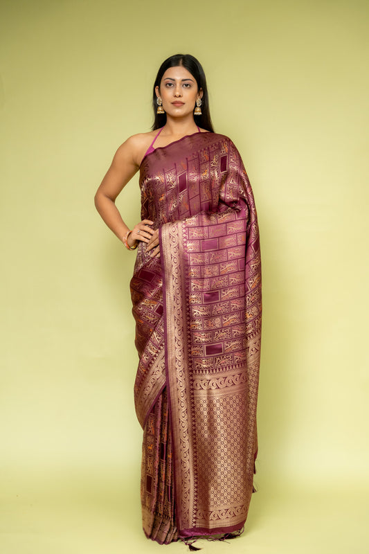 Garnet Banarasi Silk Saree With Unstitched Blouse