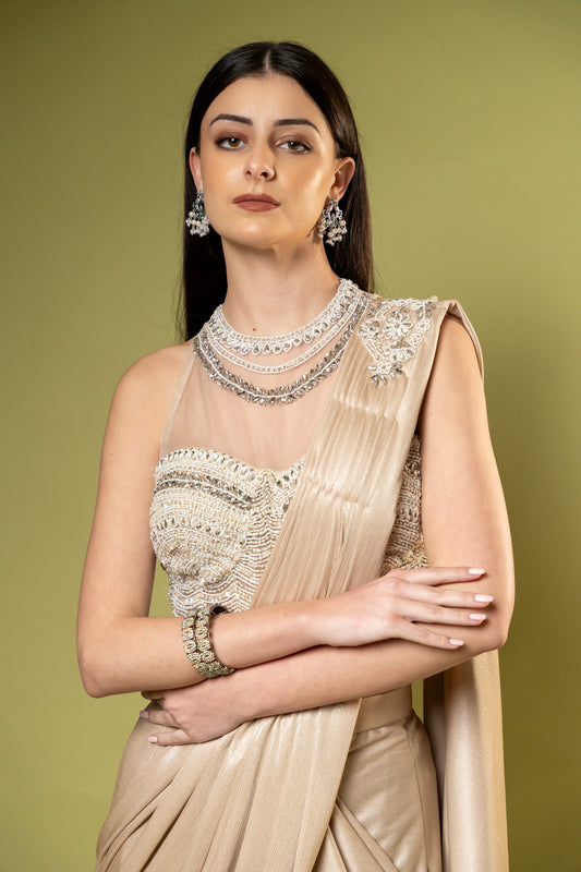 Tussar Shimmer Pre-Draped Saree With Stitched Blouse