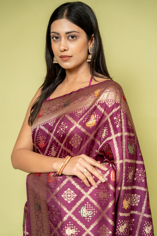 Garnet Banarasi Silk Saree With Unstitched Blouse