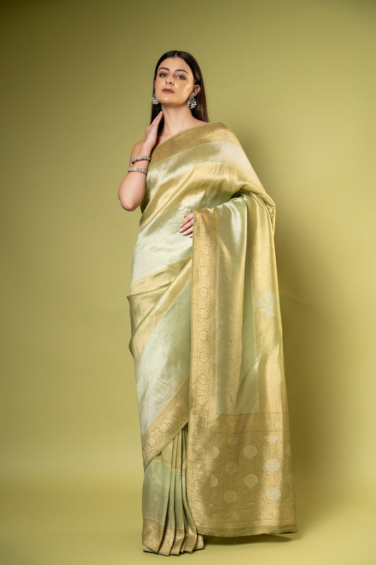 Pista Khaddi Georgette Saree With Unstitched Blouse