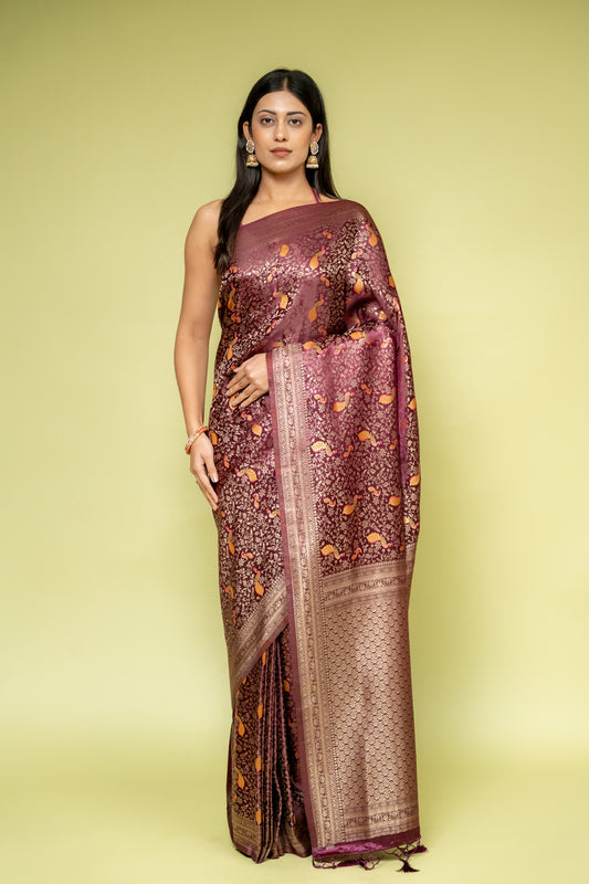 Garnet Banarasi Silk Saree With Unstitched Blouse