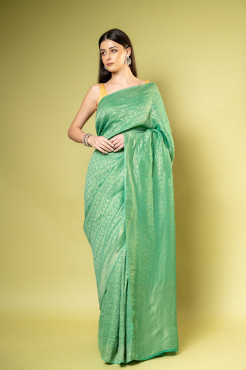 Mint Green Khaddi Georgette Saree With Unstitched Blouse