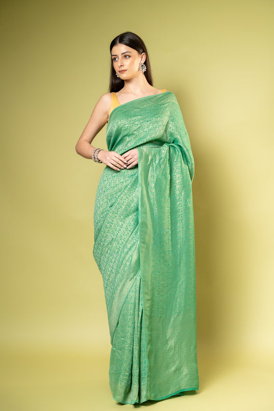 Mint Green Khaddi Georgette Saree With Unstitched Blouse