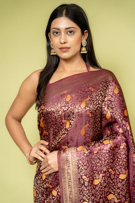 Garnet Banarasi Silk Saree With Unstitched Blouse