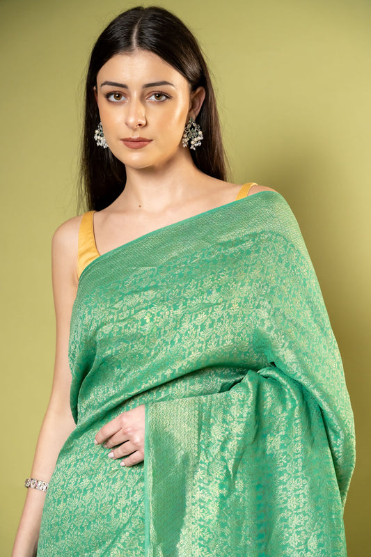 Mint Green Khaddi Georgette Saree With Unstitched Blouse