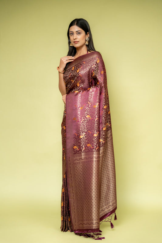 Garnet Banarasi Silk Saree With Unstitched Blouse