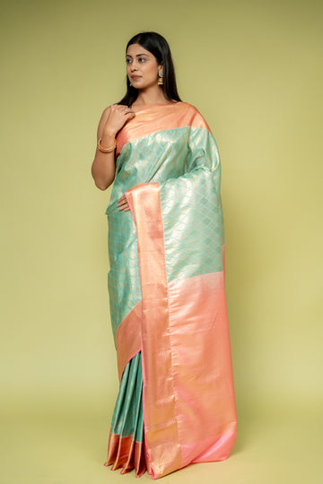 Tea Green Banarasi Silk Saree With Unstitched Blouse