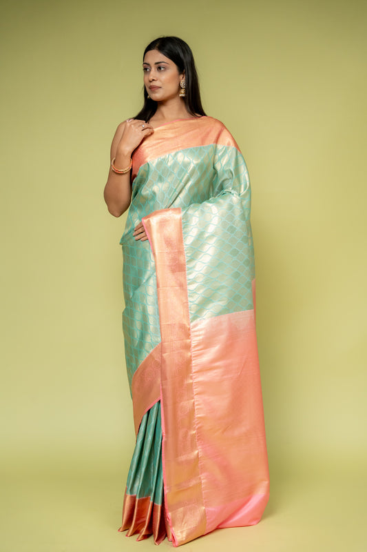 Tea Green Banarasi Silk Saree With Unstitched Blouse