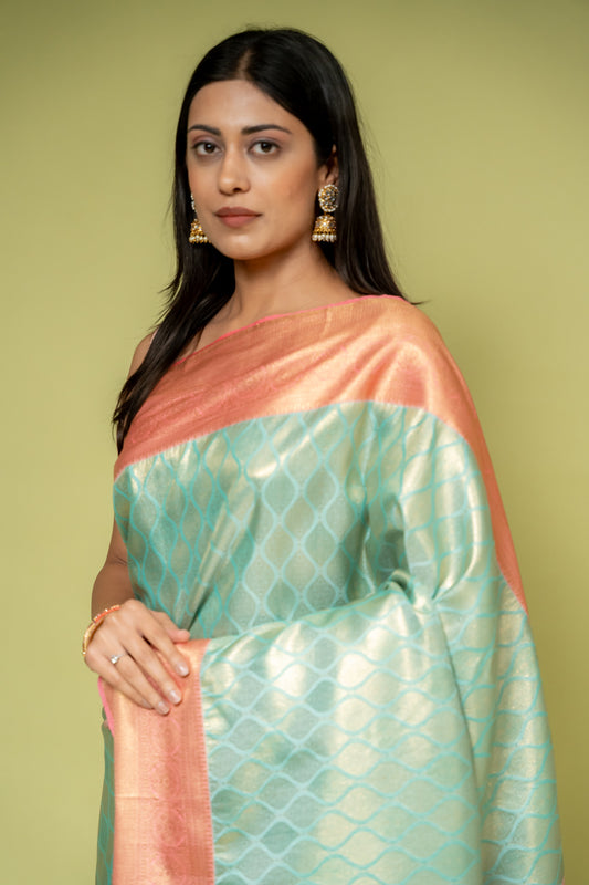 Tea Green Banarasi Silk Saree With Unstitched Blouse