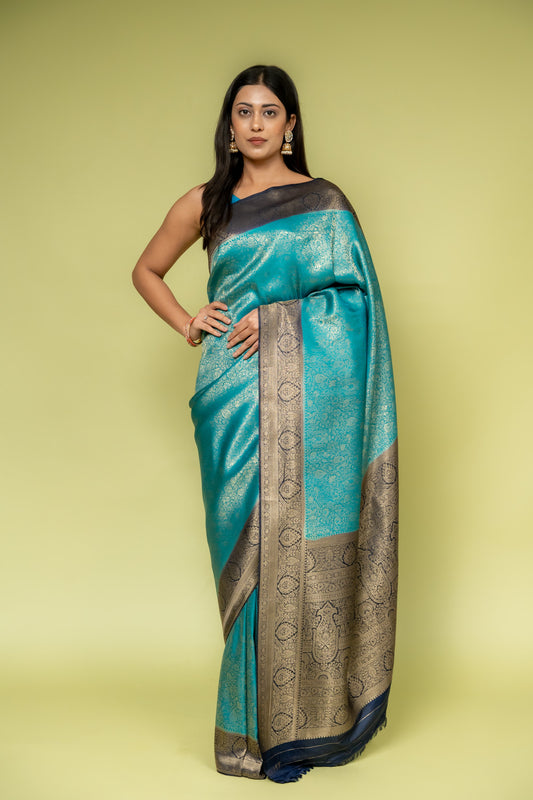 Rama Banarasi Silk Saree With Unstitched Blouse