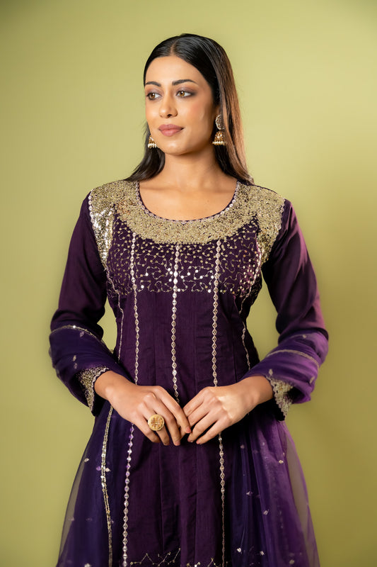 Wine Cotton Readymade Suit With Dhoti Style Pant & Net Dupatta