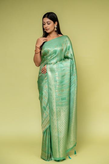 Mint Green Banarasi Silk Saree With Unstitched Blouse