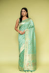 Mint Green Banarasi Silk Saree With Unstitched Blouse