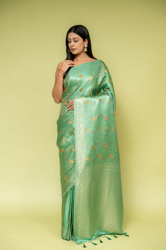 Mint Green Banarasi Silk Saree With Unstitched Blouse