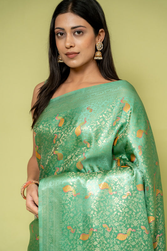 Mint Green Banarasi Silk Saree With Unstitched Blouse