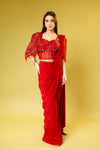 Red Lycra Pre-Draped Designer Saree With Readymade Blouse