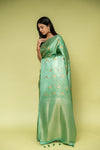 Mint Green Banarasi Silk Saree With Unstitched Blouse