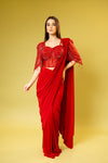 Red Lycra Pre-Draped Designer Saree With Readymade Blouse