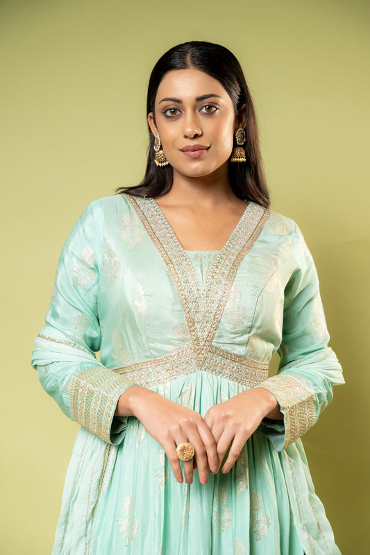 Tea Green Dola Floor Length Readymade Suit With Chiffon Dupatta