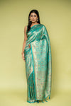 Tea Green Pista Banarasi Silk Saree With Unstitched Blouse