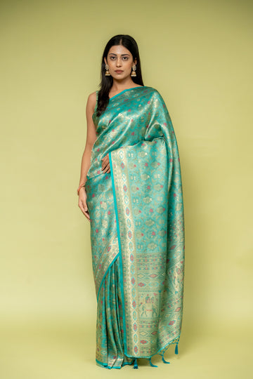 Tea Green Pista Banarasi Silk Saree With Unstitched Blouse