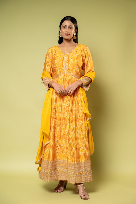 Mango Gold Crepe Floor Length Readymade Suit With Chiffon Dupatta