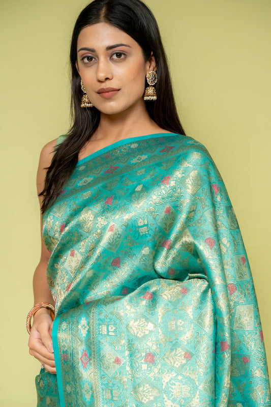 Tea Green Pista Banarasi Silk Saree With Unstitched Blouse