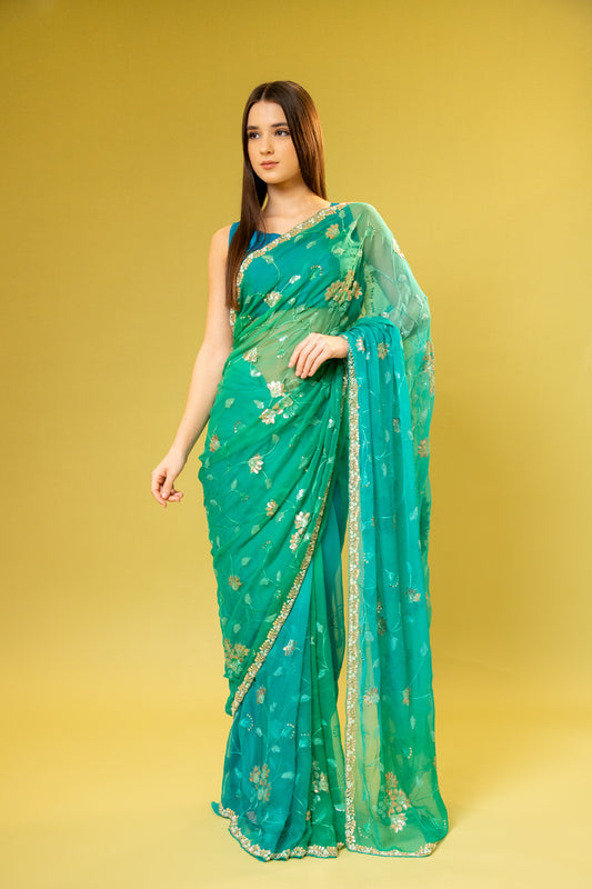 Rama Chiffon Embroidered Saree With Unstitched Blouse