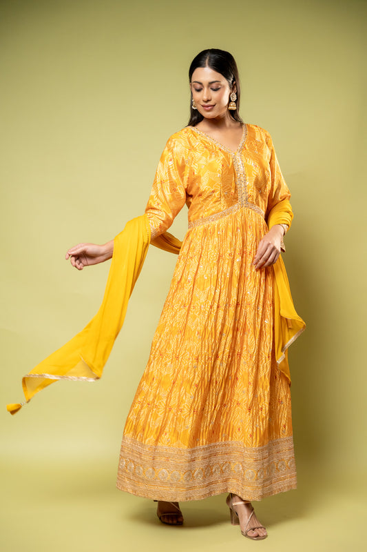 Mango Gold Crepe Floor Length Readymade Suit With Chiffon Dupatta