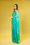 Rama Chiffon Embroidered Saree With Unstitched Blouse