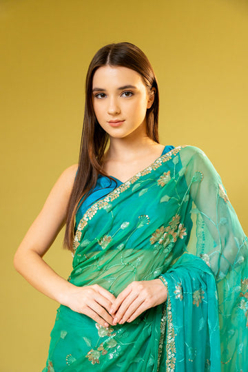 Rama Chiffon Embroidered Saree With Unstitched Blouse