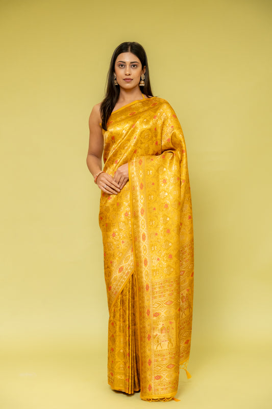 Mustard Banarasi Silk Saree With Unstitched Blouse